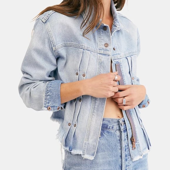Free People Dillon Cotton Distressed Cropped Denim Jacket Oversize Size XS - Picture 3 of 12
